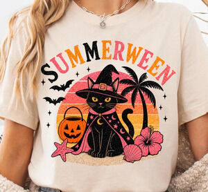 Summerween Cat Shirt, Black Cat Witch Halloween Beach Tee, Spooky Summer Shirt
